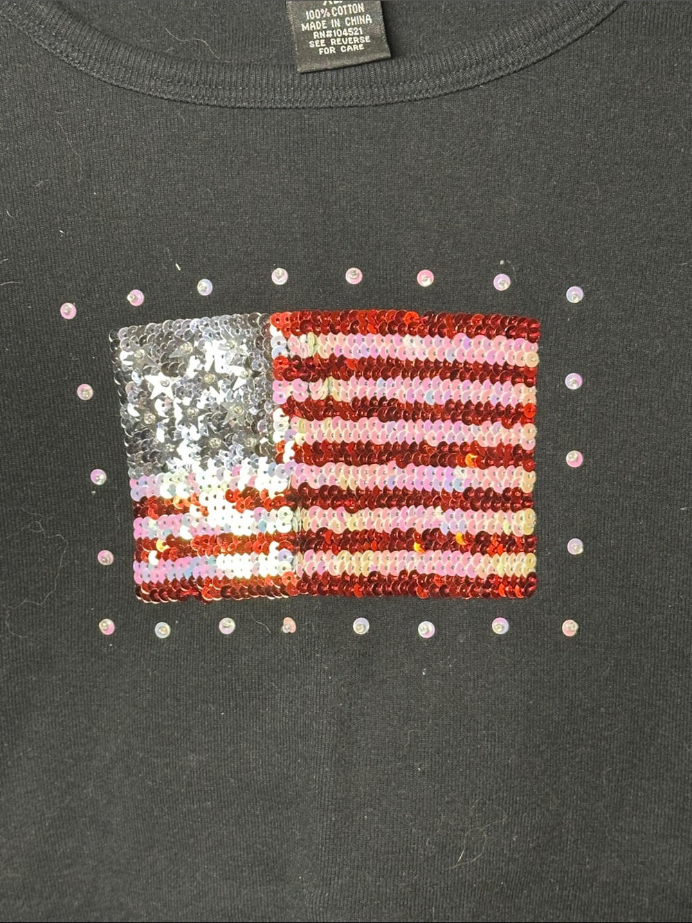 INC International Concepts Black Tee with Red and Silver Sequin Flag